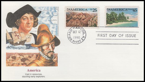 2512 and C127 / 25c Grand Canyon and 45c Tropical Coast Airmail : Americas Series Combo 1990 Fleetwood First Day Cover