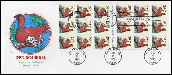 2489a / 29c Red Squirrel Booklet Pane of 18 with backing on #10 Envelope 1993 House Of Farnam FDC