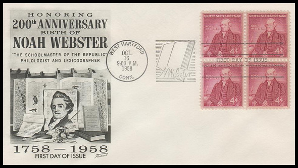 1121 / 4c Noah Webster Block Fleetwood 1958 First Day Cover