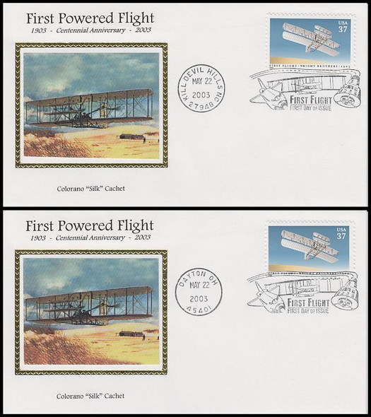 3783a / 37c First Powered Flight : Wright Brothers Set of 2 Colorano Silk 2003 First Day Covers