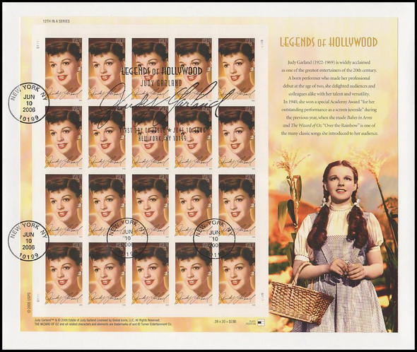 4077 / 39c Judy Garland : Wizard of OZ : Legends of Hollywood Series Pane USPS Uncacheted 2006 FDC