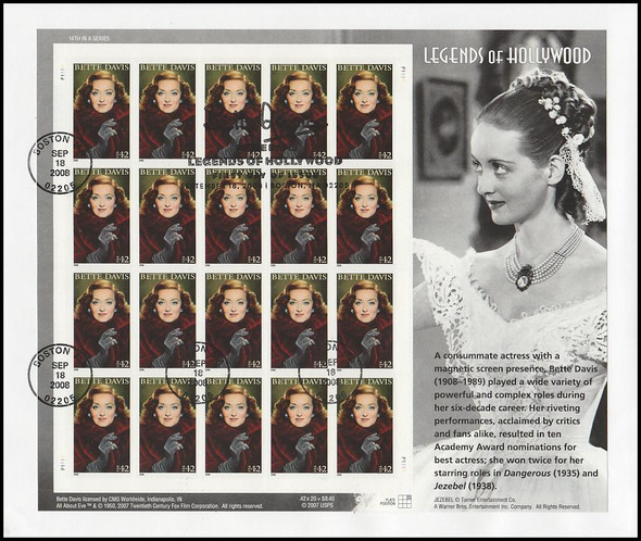 4350 / 42c Bette Davis :  Legends of Hollywood Pane USPS Uncacheted 2008 FDC