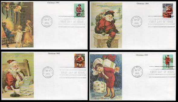 3004 - 3007 / 32c Santa and Children Christmas 1995 Set of 4 Mystic 1995 FDCs