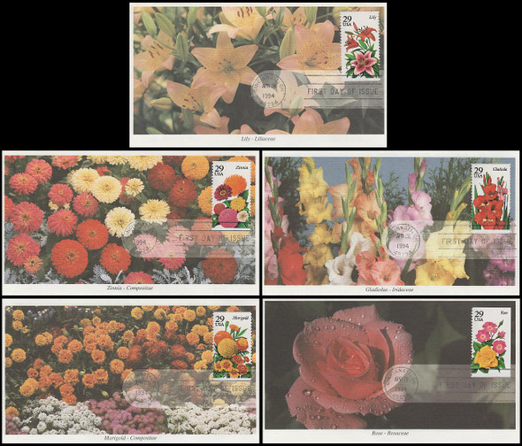 2829 - 2833 / 29c Summer Garden Flowers Booklet Set of 5 Mystic 1994 FDCs