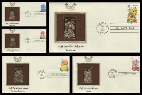 2993 - 2997 / 32c Fall Garden Flowers Set of 5 Gold Replica Postal Commemorative Society 1995 FDCs with Info Cards