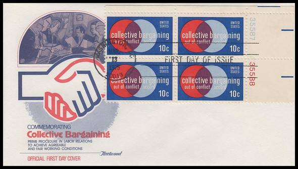 1558 / 10c Collective Bargaining Plate Block Fleetwood 1975 First Day Cover
