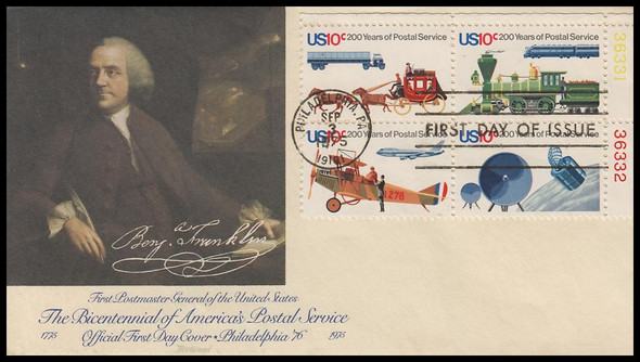 1575a / 10c U.S. Postal Service Bicentennial Plate Block Fleetwood 1975 First Day Cover