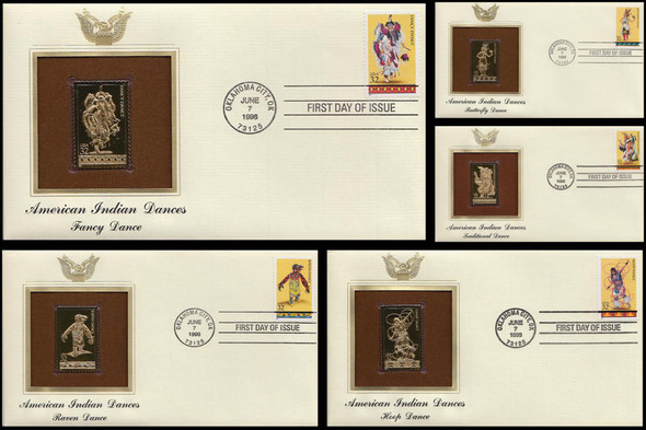 3072 - 3076 / 32c Native American Indian Dances Set of 5 Gold Replica Postal Commemorative Society 1996 FDCs with Info Cards