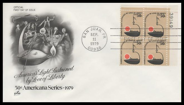 1608 / 50c Betty Lamp : Americana Series Plate Block Artcraft 1979 First Day Cover