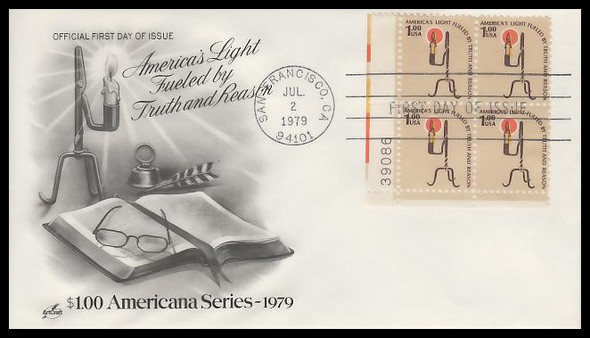 1610 / $1 Rush Lamp : Americana Series Plate Block Artcraft 1979 First Day Cover