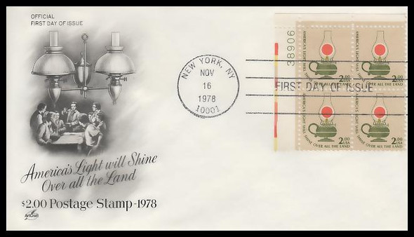 1611 / $2 Kerosene Lamp : Americana Series Plate Block Artcraft 1978 First Day Cover