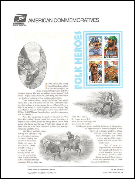 3083 - 3086 / 32c Folk Heroes 1996 USPS American Commemorative Panel #492