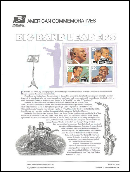 3096 - 3099 / 32c Big Band Leaders 1996 USPS American Commemorative Panel #497