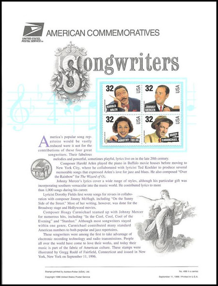 3100 - 3103 / 32c Songwriters : American Music Series 1996 USPS American Commemorative Panel #498