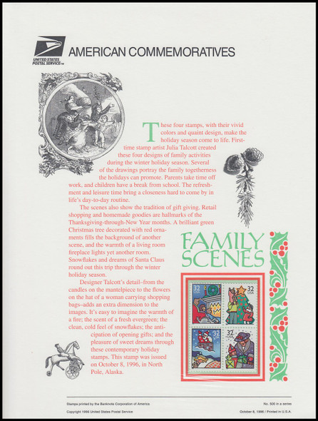 3111a / 32c Christmas Family Scenes Sheet Issue : Christmas 1996 USPS American Commemorative Panel Sealed #500