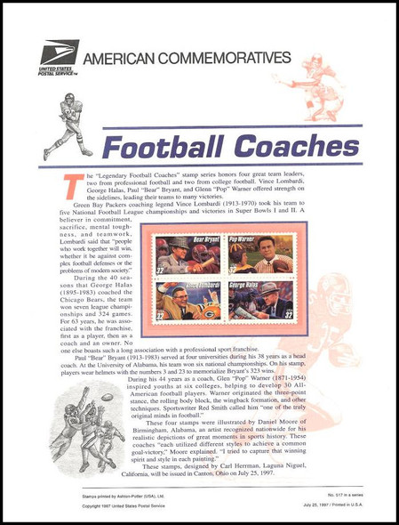 3143 - 3146 / 32c Legendary Football Coaches 1997 USPS American Commemorative Panel #517