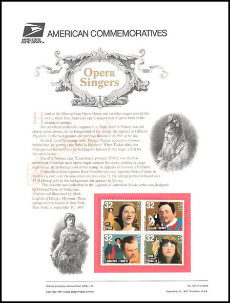 3154 - 3157 / 32c Opera Singers 1997 USPS American Commemorative Panel #521