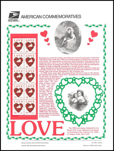 2814 / 29c Dove and Roses : Love Series Booklet 1994 USPS American Commemorative Panel #435