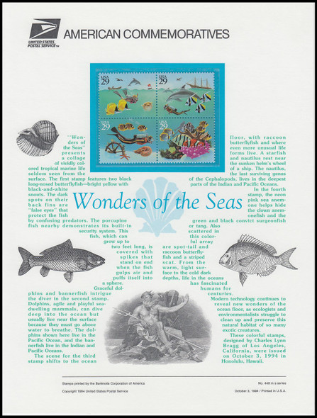 2863 - 2866 / 29c Wonders of the Sea 1994 USPS American Commemorative Panel #448