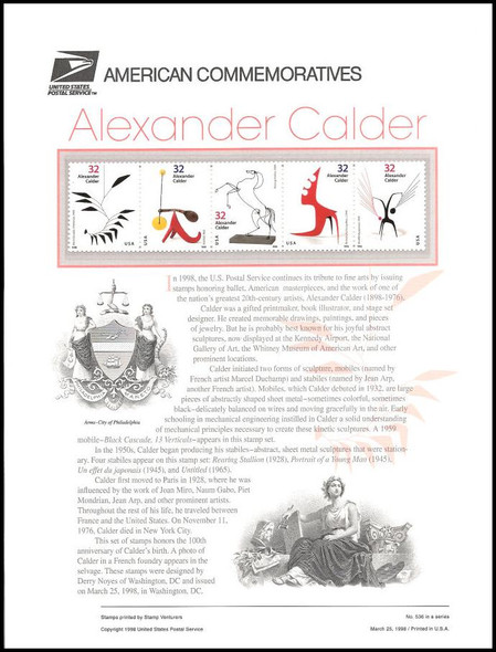 3198 - 3202 / 32c Alexander Calder : Sculptor 1998 USPS American Commemorative Panel #536