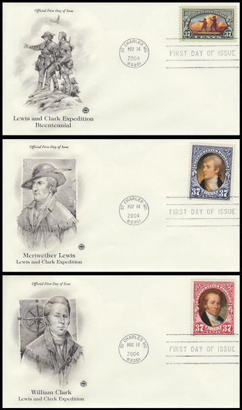 3854 - 3856 / 37c Lewis and Clark Expedition Bicentennial St. Charles, MO Postmark Set of 3 PCS 2004 FDCs