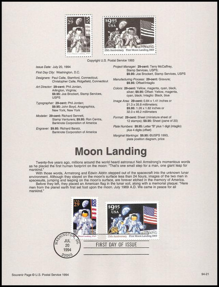 2841a - 42 / 29c & $9.95 Moon Landing Express Mail  1994 USPS #94-21 Souvenir Page