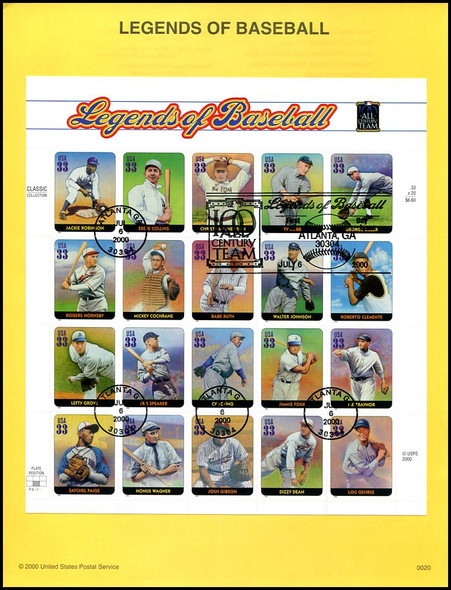 3408 / 33c Legends of Baseball Pane of 20 : 2000 USPS #0020 Souvenir Page