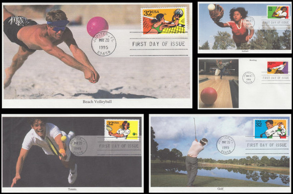 2961 - 2965 / 32c Recreational Sports Set of 5 Mystic 1995 First Day Covers