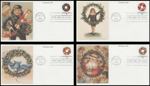 3245 - 3248 / 32c Greetings Wreaths PSA ATM Booklet Issue Set of 4 Christmas Series 1998 Mystic FDCs