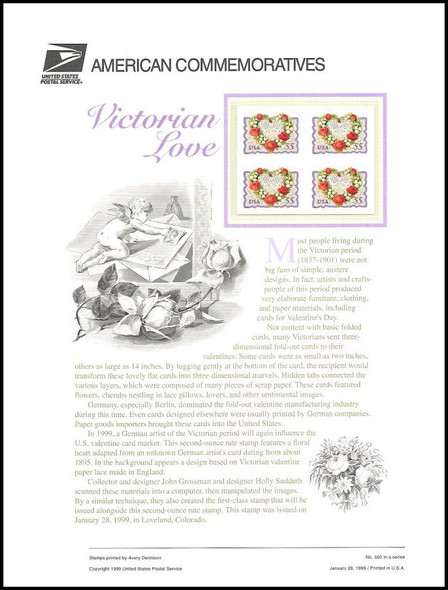 3275 / 55c Victorian Love : Love Stamp Series 1999 USPS American Commemorative Panel #560