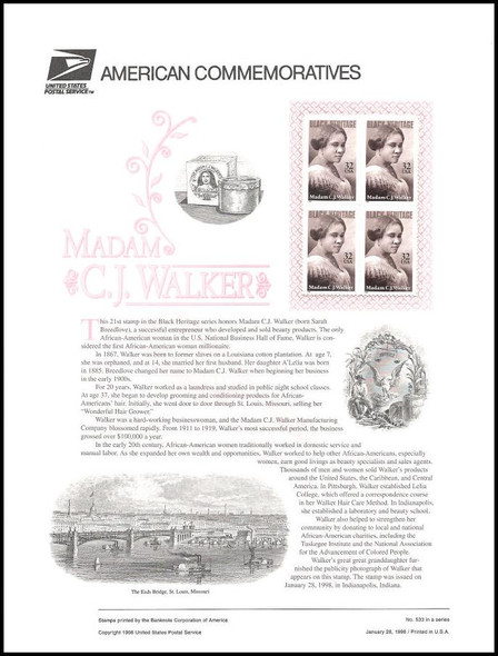 3181 / 32c Madam C.J. Walker : Black Heritage Series 1998 USPS American Commemorative Panel #533