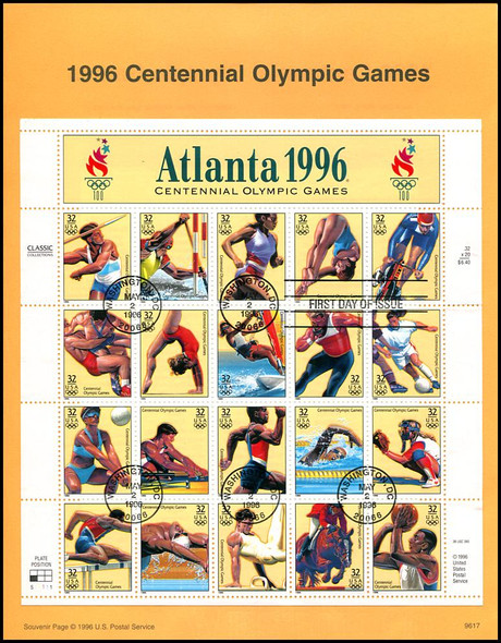 3068 / 32c Centennial Olympic Games Pane of 20 : 1996 USPS #9617 Souvenir Page