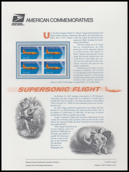 3173 / 32c First Supersonic Flight : Gen Chuck Yeager 1997 USPS American Commemorative Panel #526