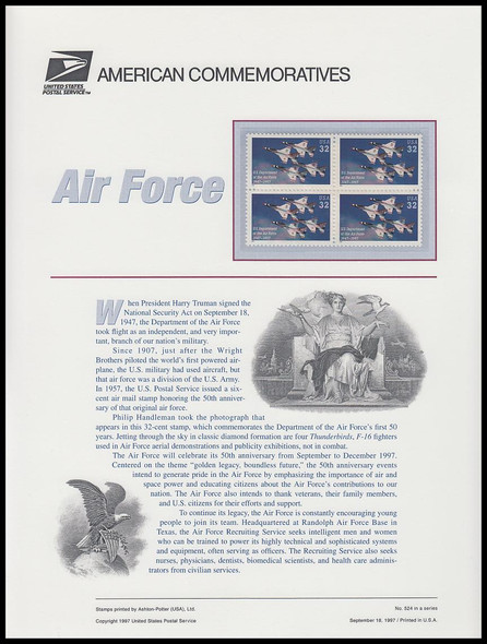 3167 / 32c U.S. Department of the Air Force 1997 USPS American Commemorative Panel #524