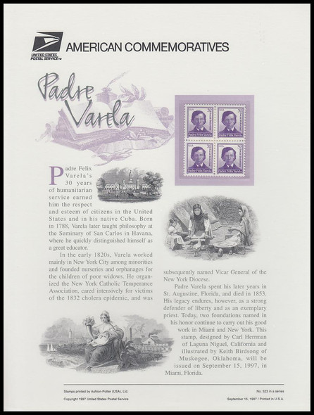3166 / 32c Padre Felix Varela 1997 USPS American Commemorative Panel #523
