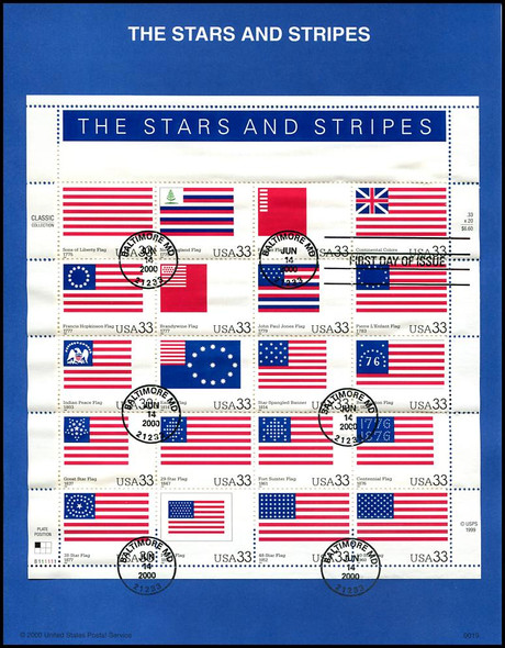 3403 / 33c The Stars and Stripes Pane of 20 : 2000 USPS #0019 Souvenir Page