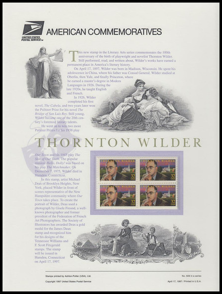3134 / 32c Thornton Wilder 1997 USPS American Commemorative Panel #509