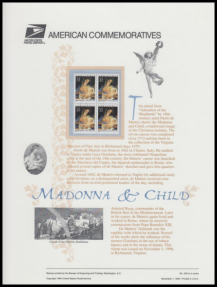 3107 / 32c Madonna and Child painting by Paolo de Matteis 1996 USPS American Commemorative Panel #502