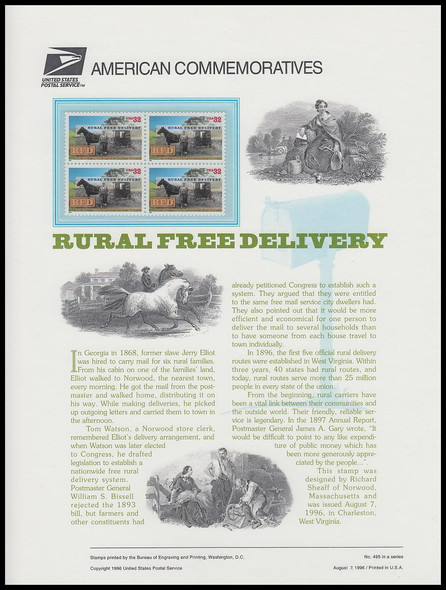 3090 / 32c Rural Free Mail Delivery Centennial 1996 USPS American Commemorative Panel #495