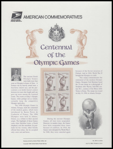 3087 / 32c Centennial Olympic Games 1996 USPS American Commemorative Panel #493