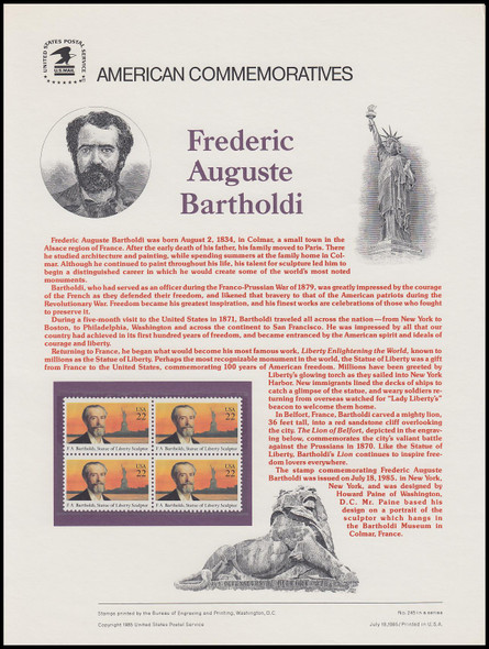 2147 / 22c F. Auguste Bartholdi : Statue Of Liberty Sculpture 1985 USPS American Commemorative Panel #245 (SOME TONING ON BACKSIDE)