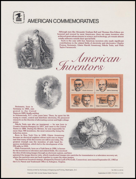 2058a / 20c Inventors Se-Tenant Block 1983 USPS American Commemorative Panel #199 (SOME TONING ON BACKSIDE)