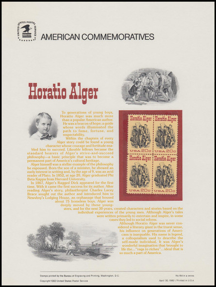 2010 / 20c Horatio Alger 1982 USPS American Commemorative Panel #164 (SOME TONING ON BACKSIDE)