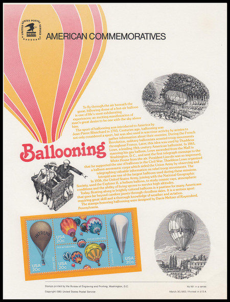 2035a / 20c Ballooning Se-Tenant Block 1983 USPS American Commemorative Panel #181 (SOME TONING ON BACKSIDE)