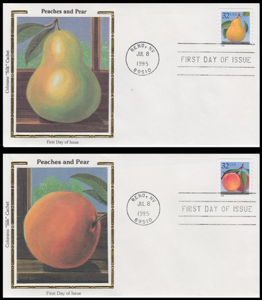2495 - 2495a / 32c Peaches and Pear Coil Set of 2 Colorano Silk 1995 First Day Covers