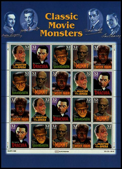 Classic Movie Monsters Stamp Sheet 1997 Collectible Postcard