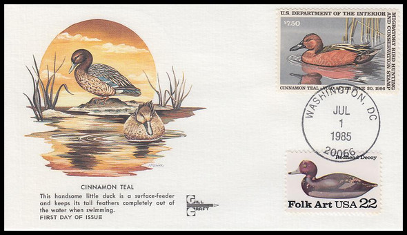 RW52 / $7.50 Cinnamon Teal 1985 Gill Craft Duck Stamp First Day Cover