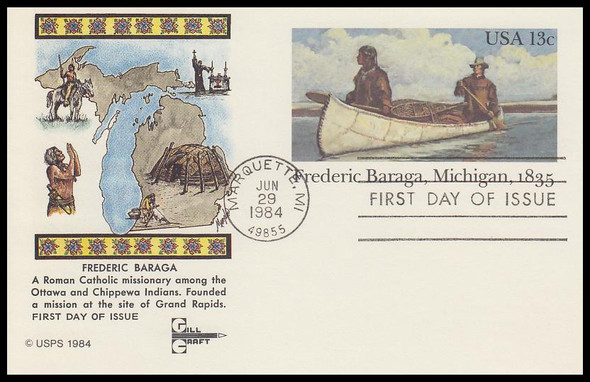 UX103 / 13c Frederic Baraga Postal Card 1984 Gill Craft First Day Cover