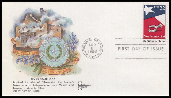 2204 / 22c Republic of Texas : Washington on the Brazos, TX Postmark 1986 Gill Craft First Day Cover