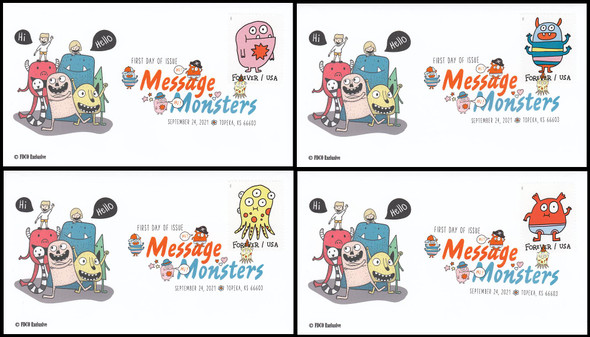 5636 - 5639 / 58c Message Monsters Set of 4 Digital Color Postmark 2021 FDCO Exclusive First Day Covers